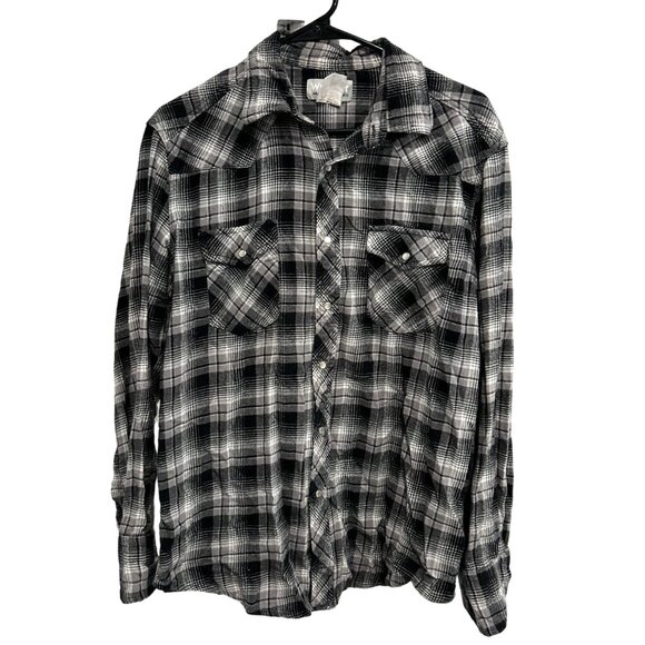 Wrangler Plaid Flannel Shirt Black White Long Sleeve Pearl Snap Buttons Sz L - Picture 1 of 7